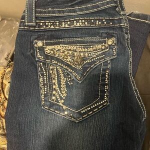 Miss Me Dark Blue Straight Leg Jeans with Silver Accents Y2K